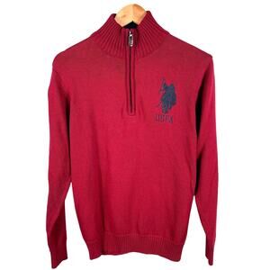 US Polo Assn Men SZ S Red 1/4 Zip Mock Neck Cotton Pullover Long Sleeves Sweater